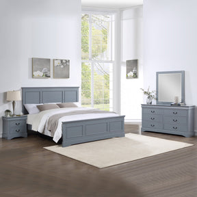 Nelson Bay 4pcs grey queen bedroom suite with bed, two bedsides and dresser in a styled bedroom
