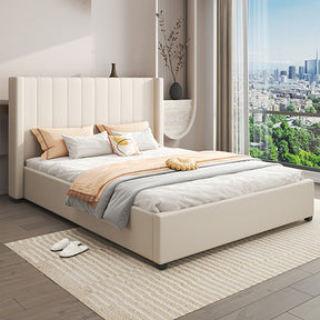 Kensington king bed frame in beige linen with high rise headboard and four drawers