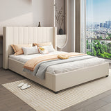 Alexa queen high rise linen beige headboard bed frame with 4 MDF drawers — full view — Allure Home Collections