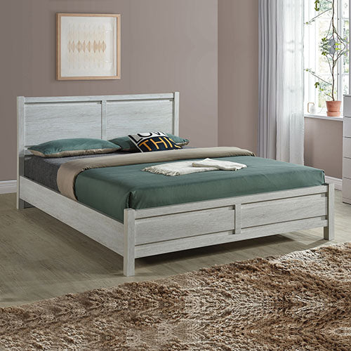 Cielo oak queen bed frame styled in contemporary bedroom — Allure Home Collections