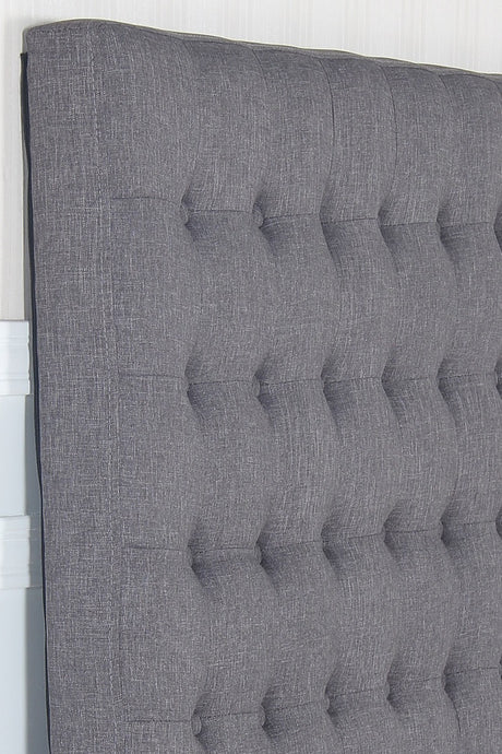 Cilantro King Bed Head — Charcoal Linen with Seamed Grid and Tufted Buttons — Allure Home Collections