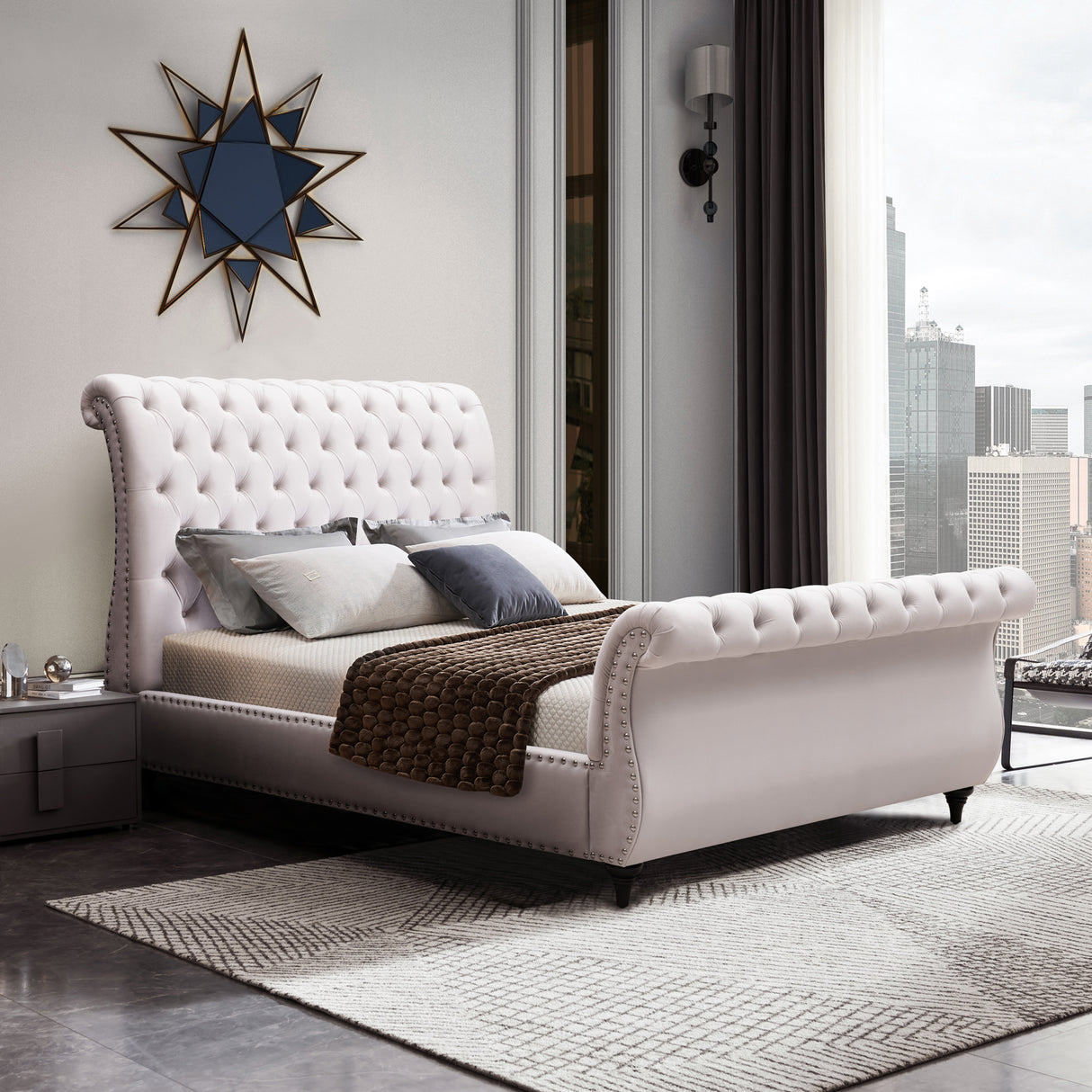 Elsa Queen Size Velvet Sleigh Bedframe