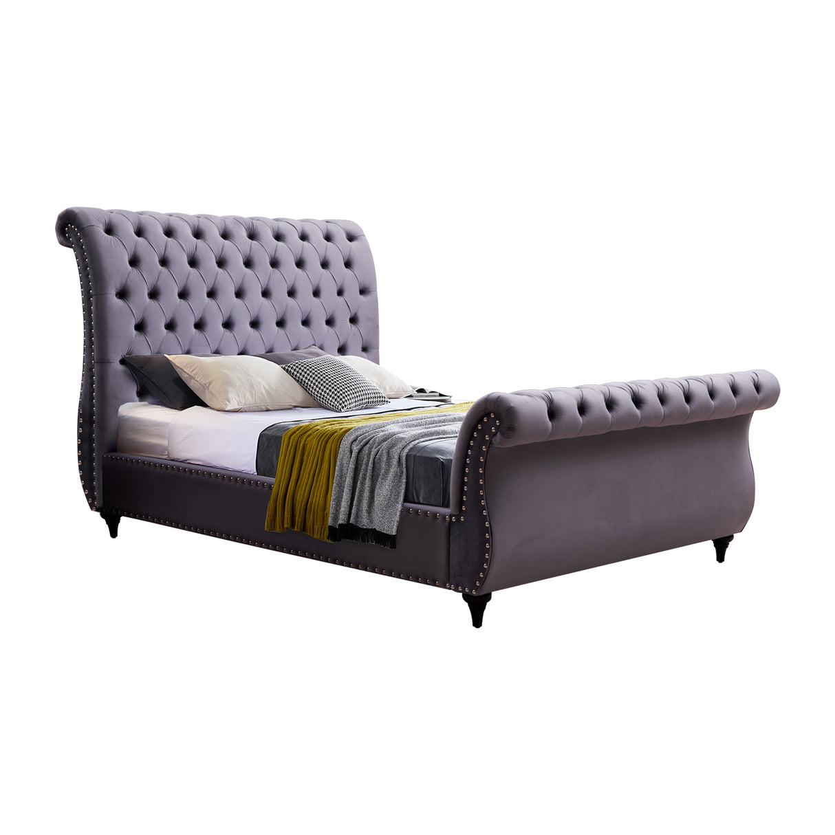 Elsa Velvet Upholstered Queen Sleigh Bedframe