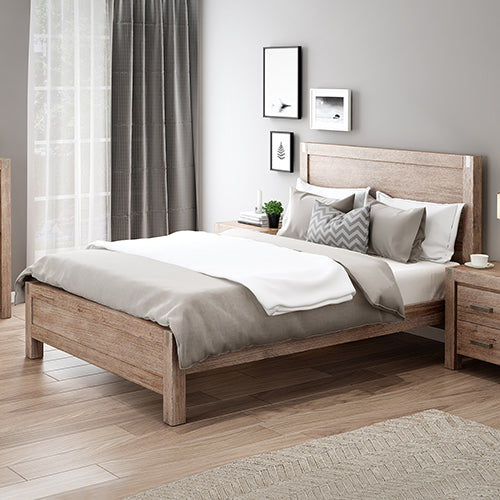 Nowra double oak acacia bed frame steel centre support rail detail — Allure Home Collections