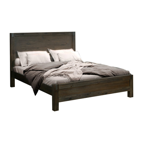 Nowra queen bed frame headboard close-up showing chocolate acacia finish — Allure Home Collections