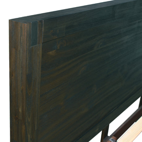 Nowra bed frame detail showing metal tenon joint and wire brushed finish — Allure Home Collections