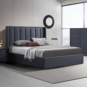 Edgecliff queen gas lift bed with a clean upholstered headboard and hidden storage in a bedroom