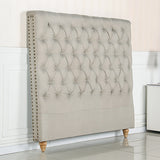 French Provincial Queen Bed Head — Beige Upholstered Fabric with Metallic Studs — Allure Home Collections