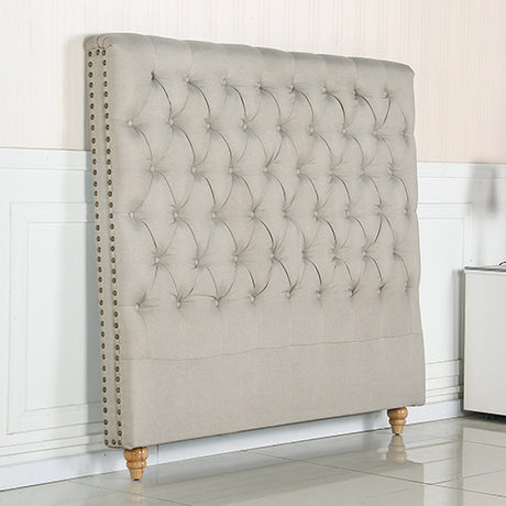French Provincial Queen Bed Head — Beige Upholstered Fabric with Metallic Studs — Allure Home Collections