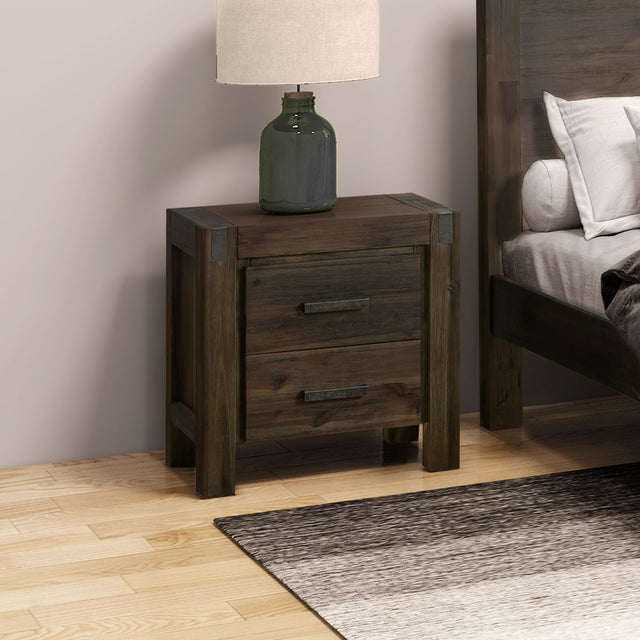 Solid Acacia Bedside Table with 2 Drawers — Metal Wire-Brushed Finish — Allure Home Collections