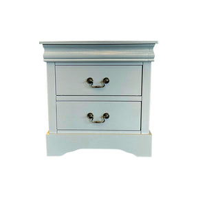 Sintra grey solid pine bedside table with two drawers in a bedroom