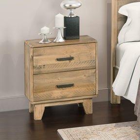 Batalha light brown pine plywood bedside table with two drawers and wooden legs