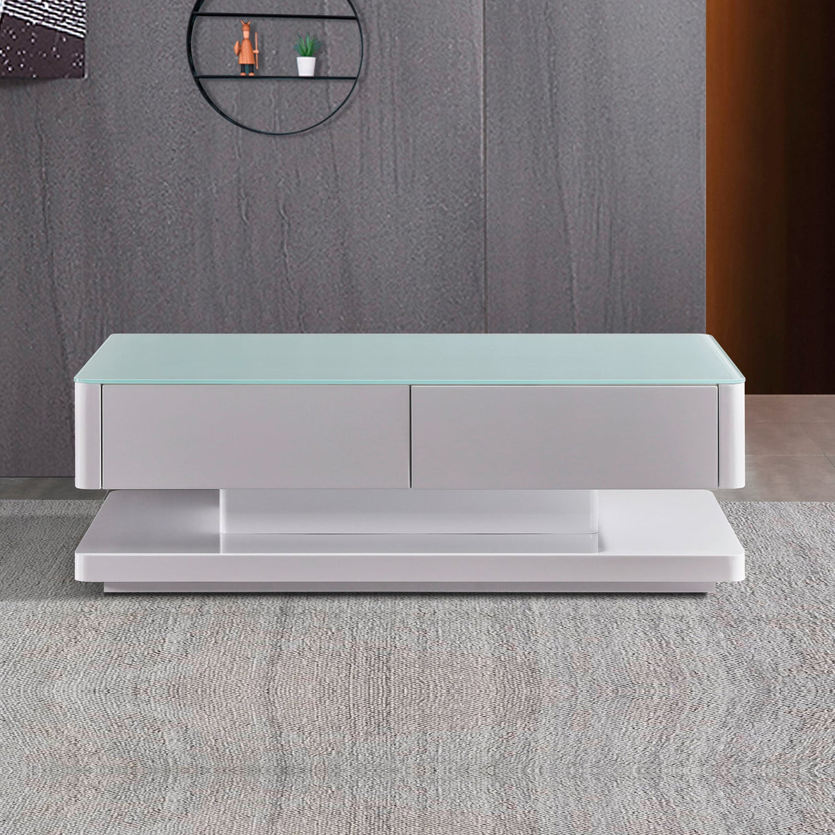 Wattle Glen white glass and high gloss coffee table in a modern living room