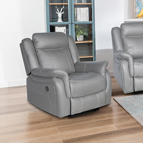 Nowra grey fabric recliner chair reclined in a living room