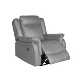 Nowra grey fabric recliner chair reclined in a living room
