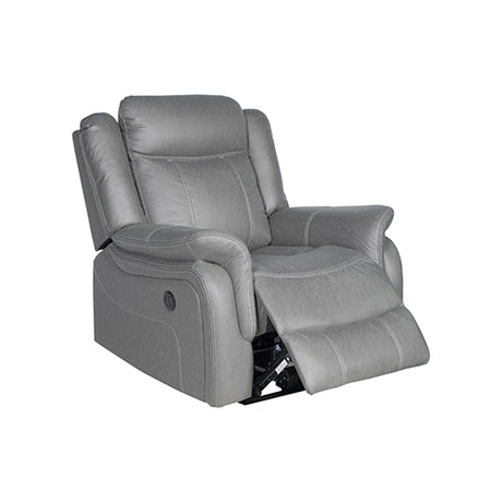 Nowra grey fabric recliner chair reclined in a living room