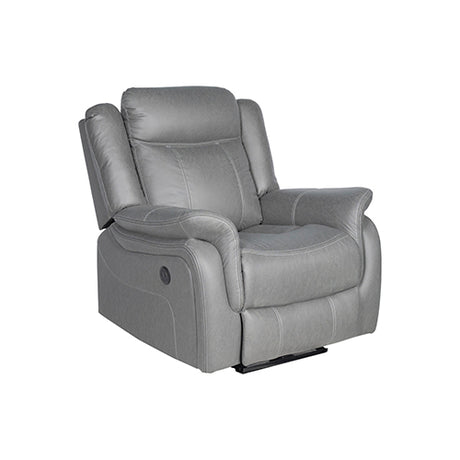 Nowra grey fabric recliner chair reclined in a living room
