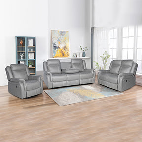 Llafranc grey fabric recliner sofa set on a strong metal frame in a living room