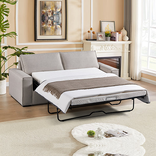Soller beige fabric sofa bed in a modern living room