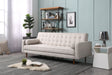 Moraira beige button tufted 3 seater sofa bed with rubber wood legs