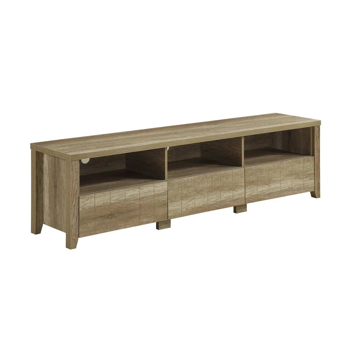 Nubeena oak TV cabinet showing three drawers and open shelving