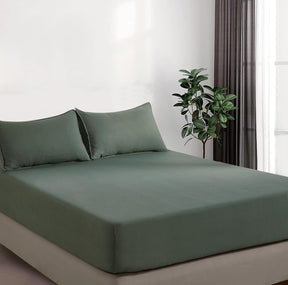 Volterra khaki vintage washed microfibre fitted sheet set on a bed