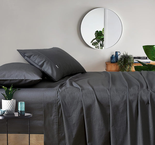 Vintage Washed 100% Cotton Sheet Set with 2 Pillowcases - Charcol - King Single