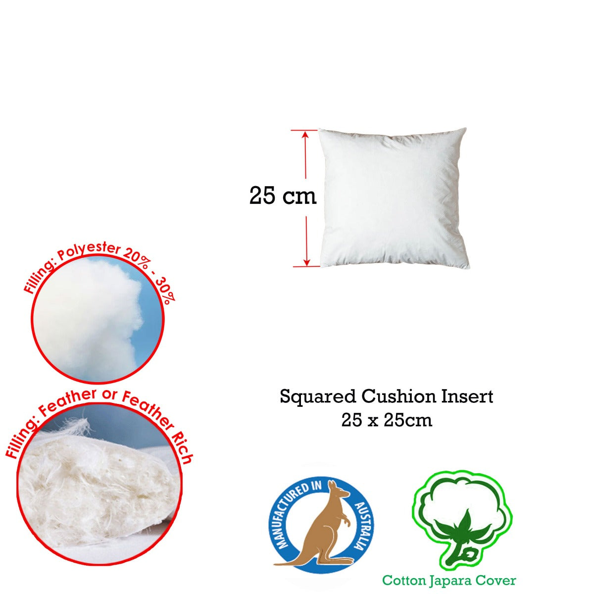 Duck Feather Rich Fill Cushion Insert — Square 25 x 25cm, Made in Australia — Allure Home Collections