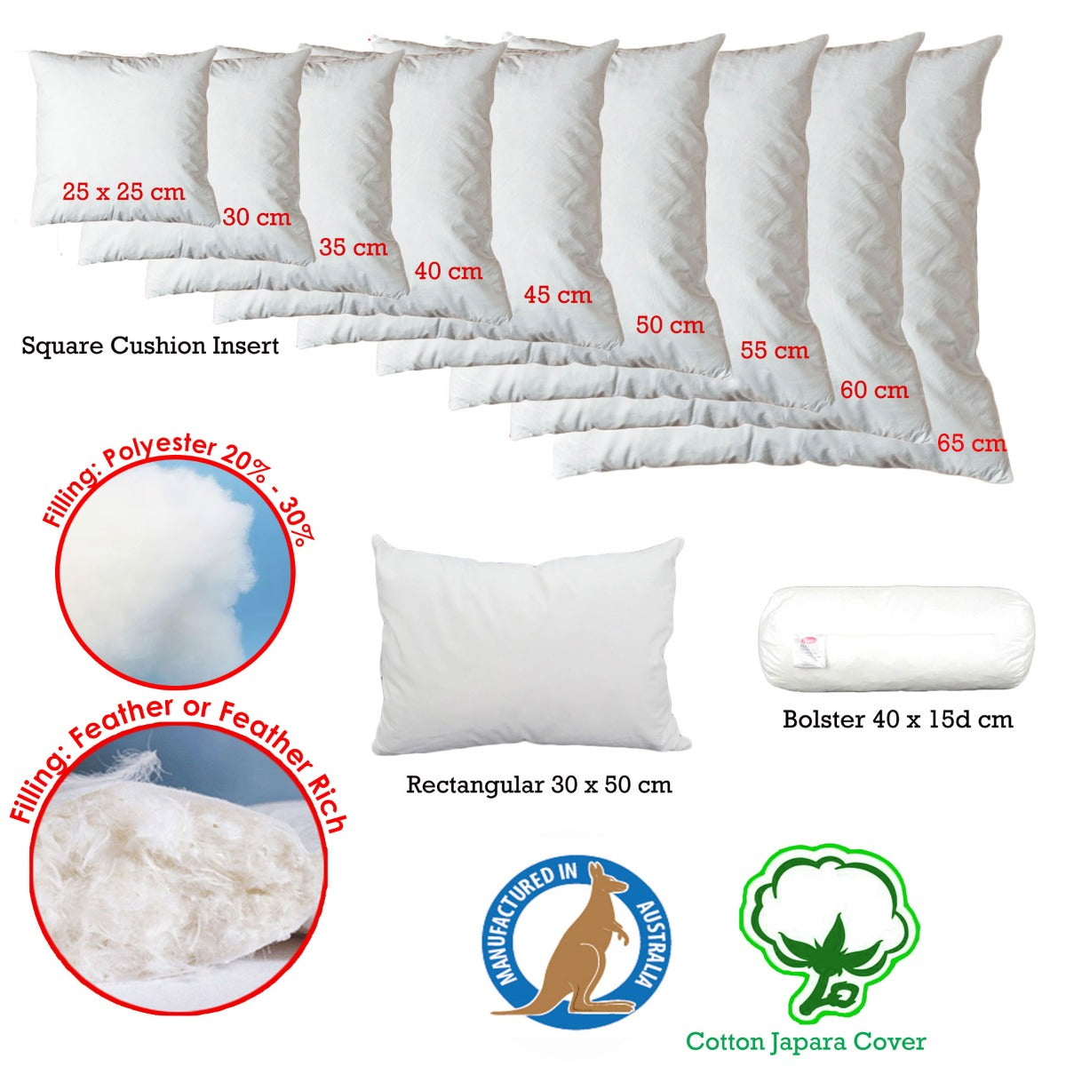 Duck Feather Rich Fill Cushion Insert — Square 25 x 25cm, Made in Australia — Allure Home Collections