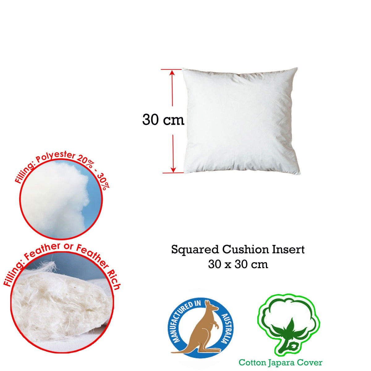 Duck Feather Rich Fill Cushion Insert — Square 30 x 30cm, Made in Australia — Allure Home Collections