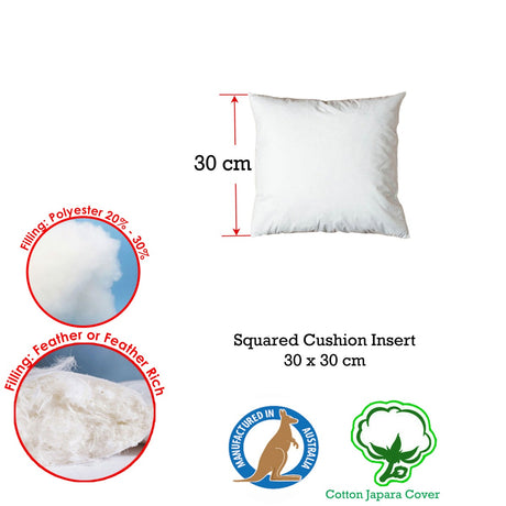 Duck Feather Rich Fill Cushion Insert — Square 30 x 30cm, Made in Australia — Allure Home Collections