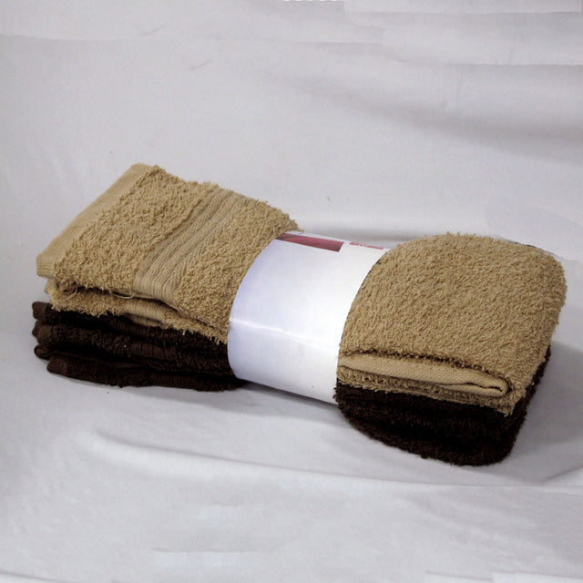 Set of four cotton hand towels in chocolate and latte, folded and stacked