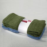Set of four cotton hand towels in olive and blue, folded and stacked