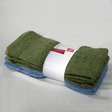Set of four cotton hand towels in olive and blue, folded and stacked