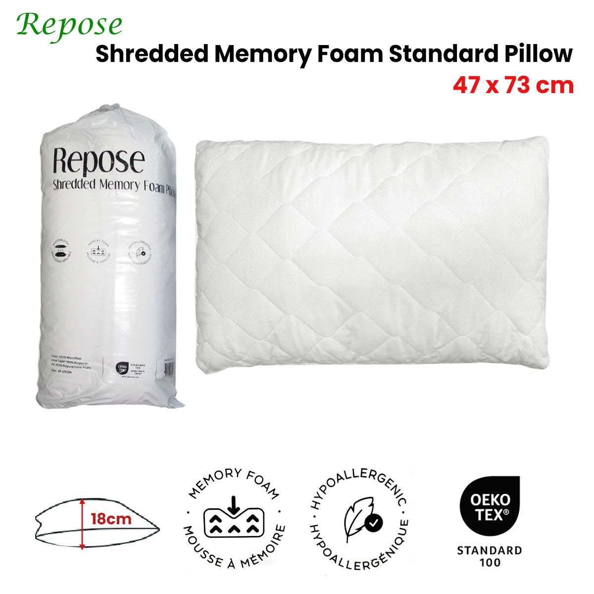 Repose Shredded Memory Foam Standard Pillow — 47x73cm, Tailored Support — Allure Home Collections
