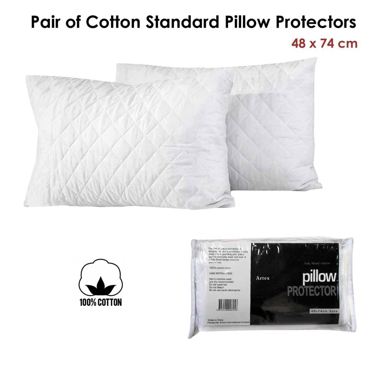 Artex Cotton Standard Pillow Protectors — Pair, 48x74cm, Lightly Quilted — Allure Home Collections