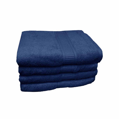 Navy 500 GSM bath towel set of four measuring 70 x 140 cm, folded in a stack