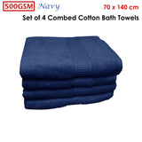 Navy 500 GSM bath towel shown in a bathroom setting, 70 x 140 cm solid colour towel