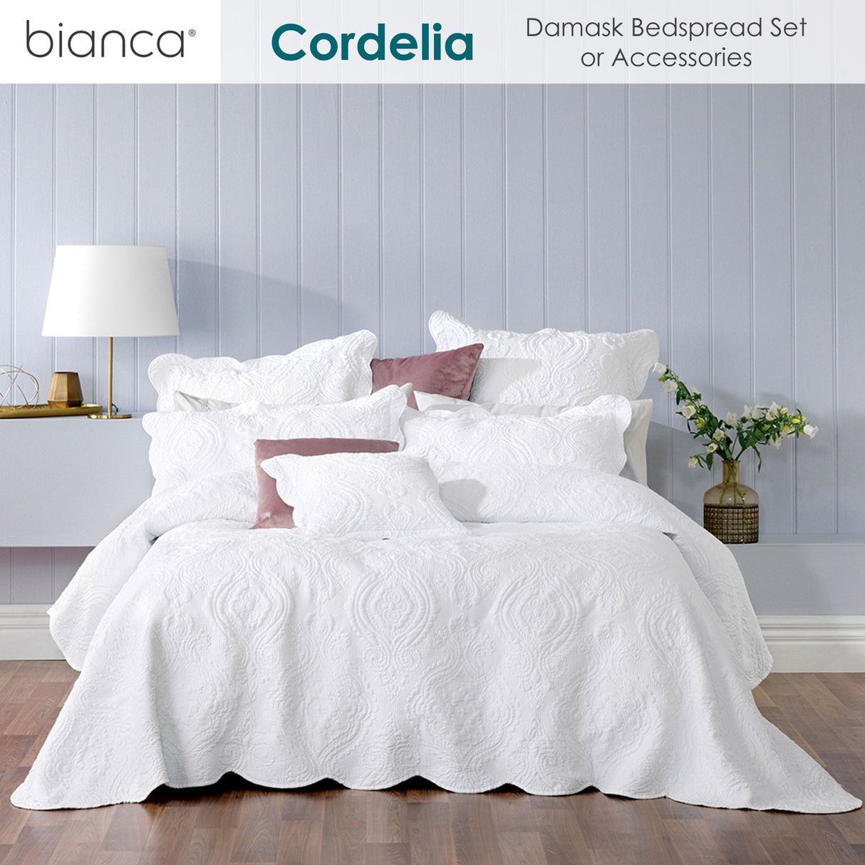 Farmington White Damask Bedspread 3pcs, King