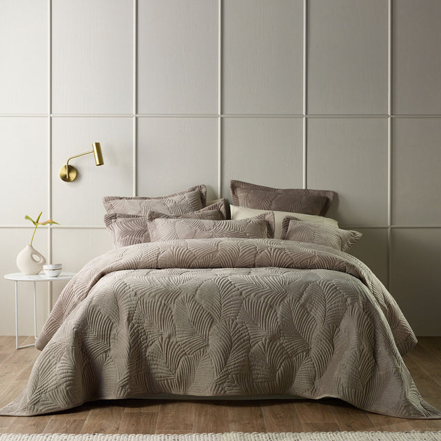 Nympsfield taupe polyester velvet quilted coverlet set queen king