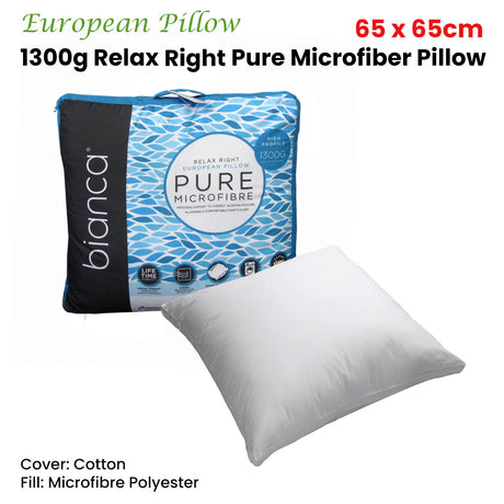 Bianca Relax Right 1300g Microfibre European Pillow — 65x65cm, Cotton Japara Cover — Allure Home Collections