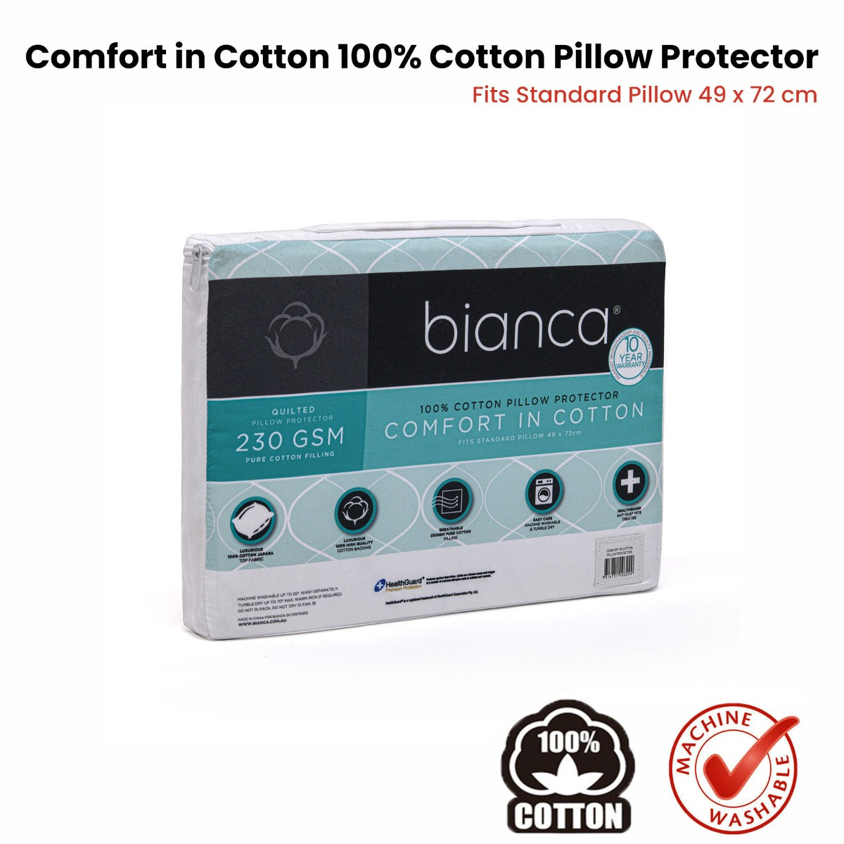 Bianca Comfort 100% Cotton Pillow Protectors — Standard Twin Pack, Japara Cover — Allure Home Collections