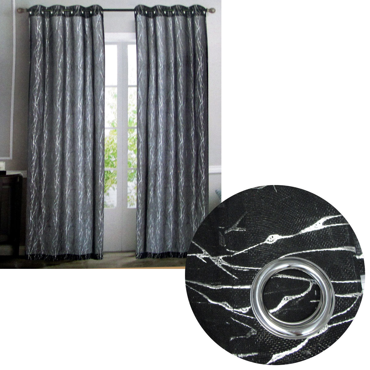 Sheer Eyelet Curtains with Silver Foil Design — Black Pair 137 x 213cm — Allure Home Collections