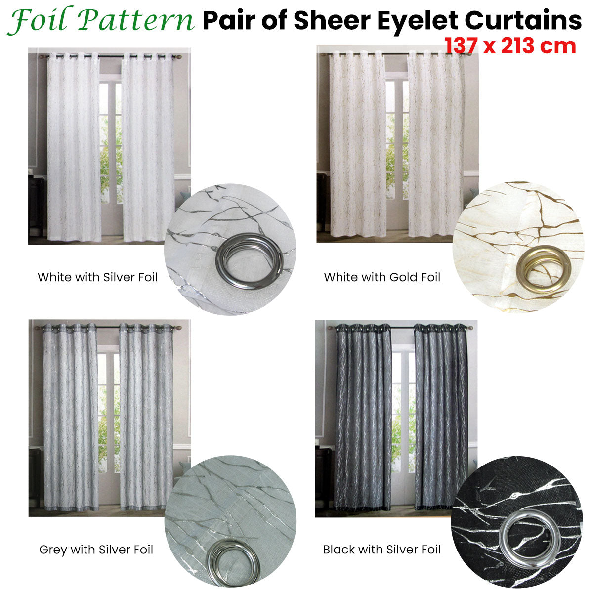 Sheer Eyelet Curtains with Silver Foil Design — Black Pair 137 x 213cm — Allure Home Collections