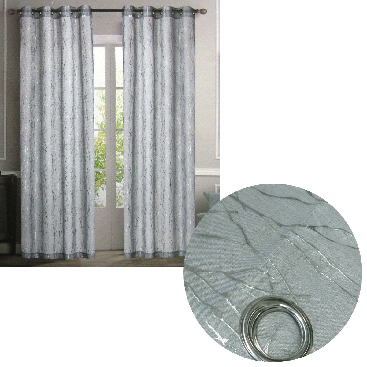 Sheer Eyelet Curtains with Silver Foil Design — Grey Pair 137 x 213cm — Allure Home Collections