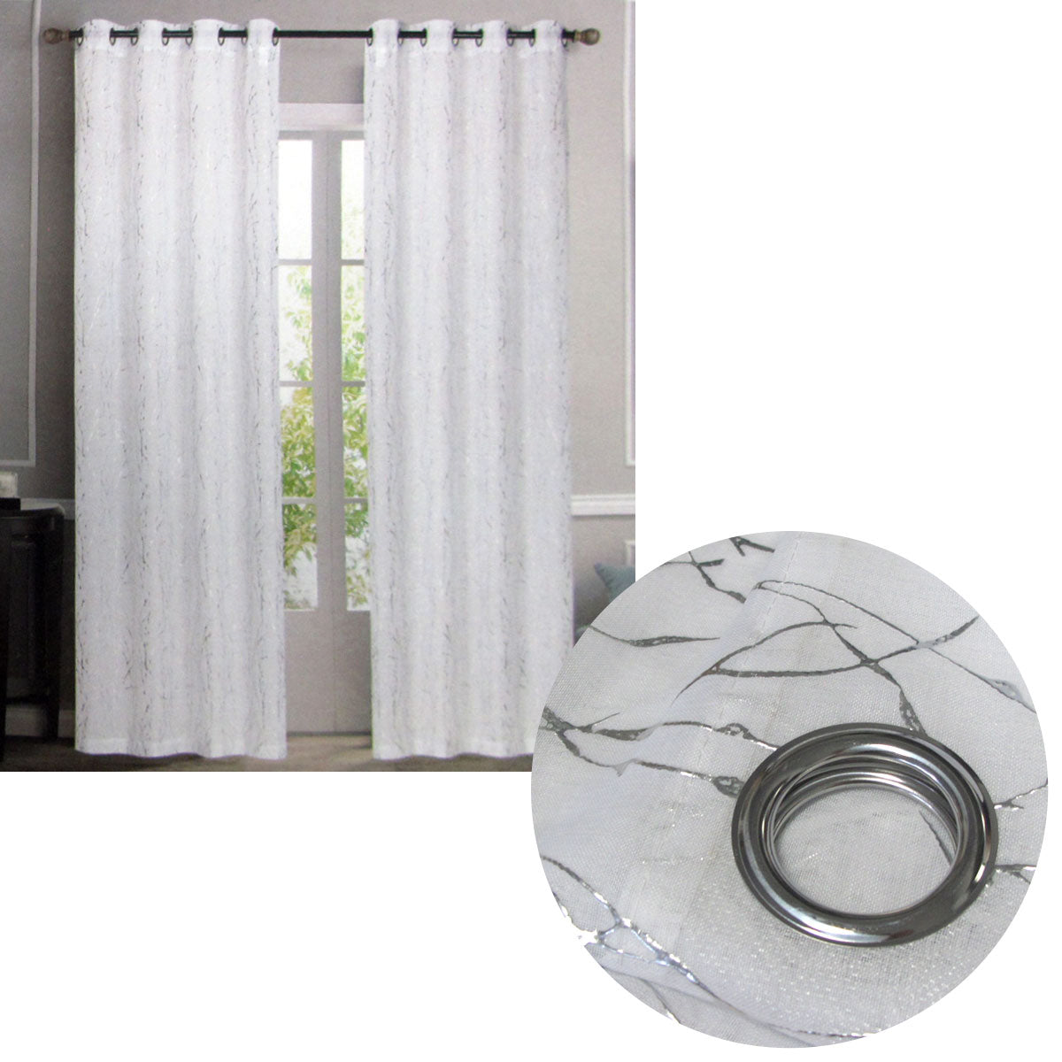 Sheer Eyelet Curtains with Silver Foil Design — White Pair 137 x 213cm — Allure Home Collections