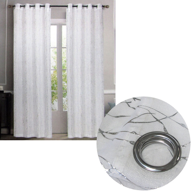 Sheer Eyelet Curtains with Silver Foil Design — White Pair 137 x 213cm — Allure Home Collections