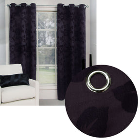 Moss Vale aubergine provincial floral jacquard eyelet curtains at a bedroom window