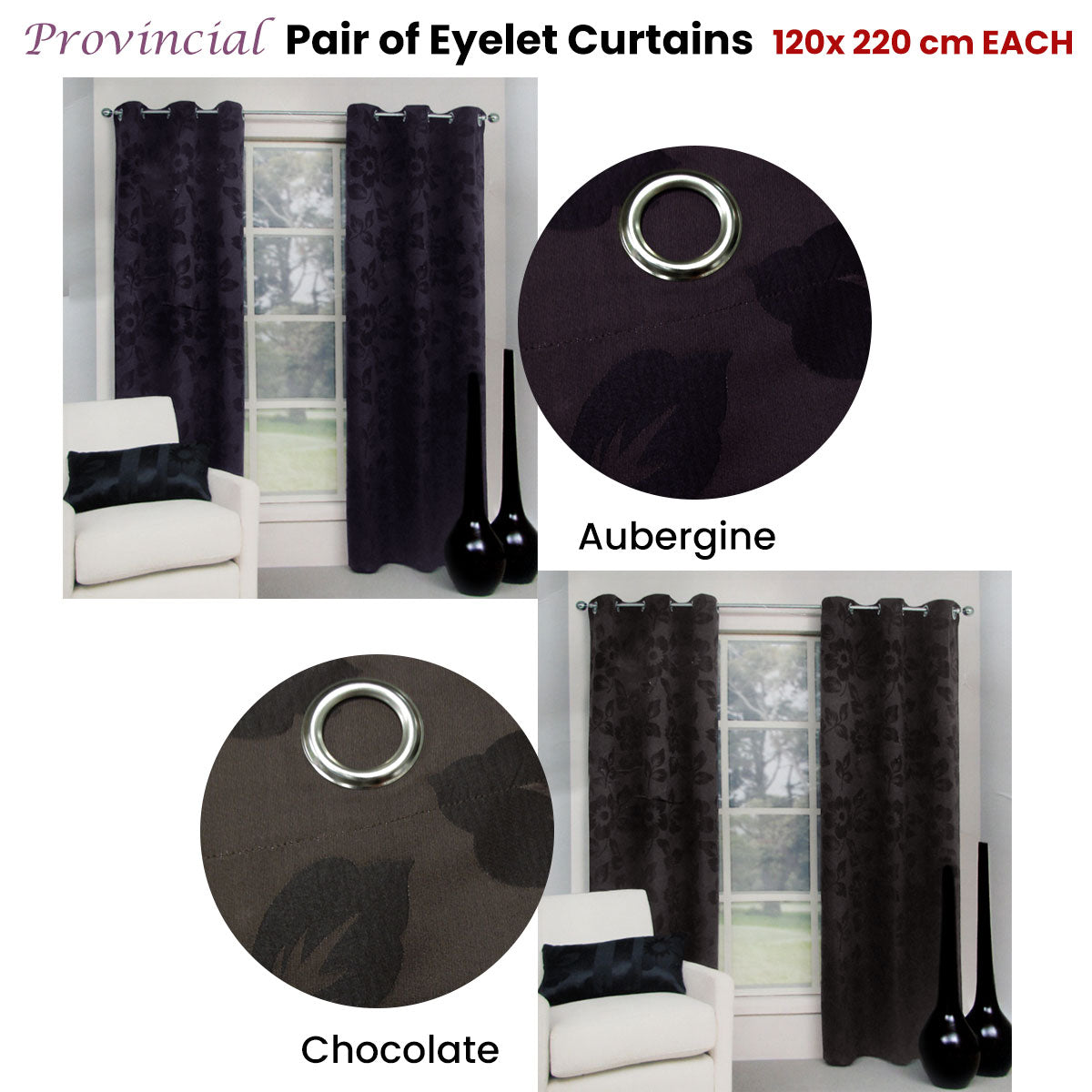 Belmondo Provincial Floral Jacquard Eyelet Curtains — Aubergine Pair 120 x 220cm — Allure Home Collections