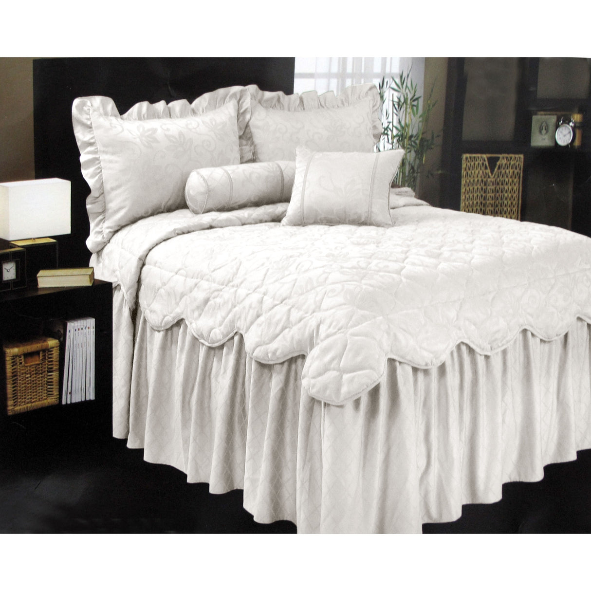 Antique white woven jacquard bedspread set with matching pillow shams on a queen bed